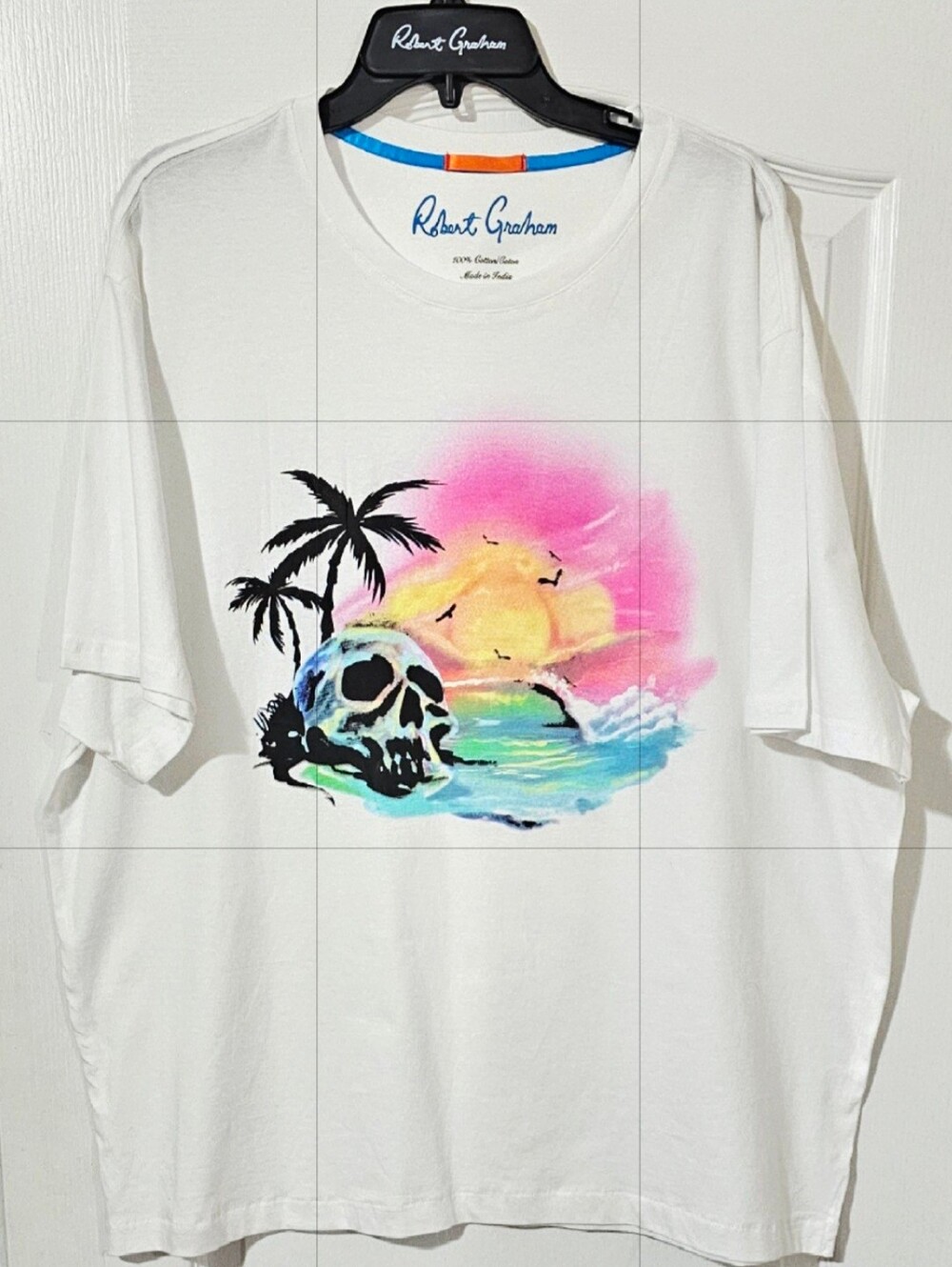 Robert Graham White Tee with Neon Skull Beach Graphic